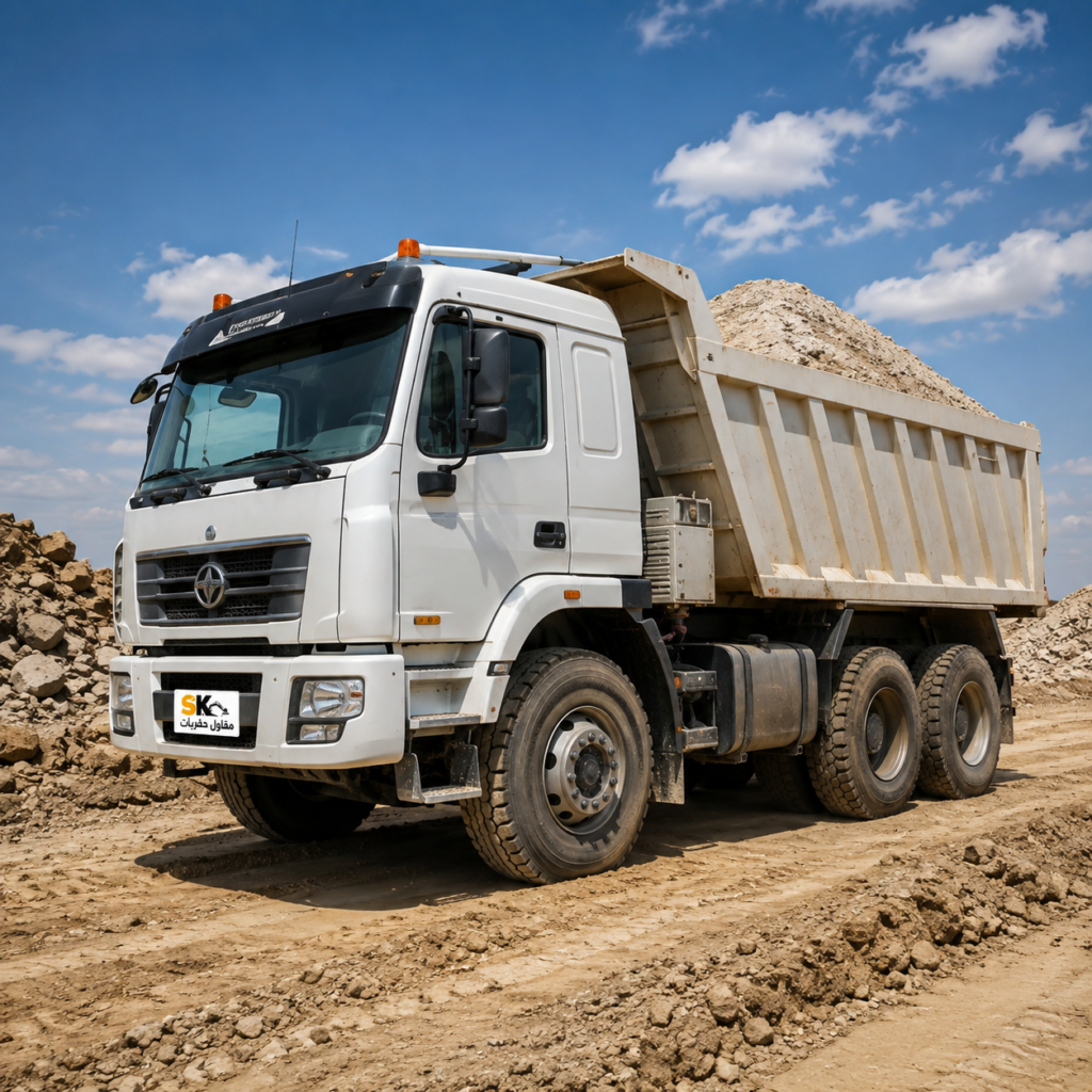 Heavy-duty white dump truck carrying construction materials at a construction site in Riyadh, Saudi Arabia شاحنة قلاب بيضاء ثقيلة تنقل مواد البناء في موقع إنشائي في الرياض، المملكة العربية السعودية
